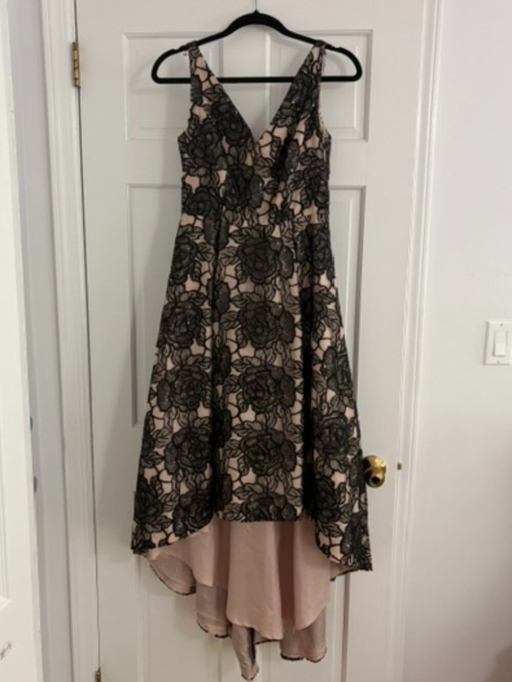 Calvin Klein High-Low Black Sequin and Nude Evening Dress